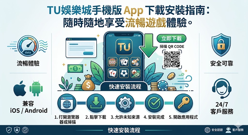 想要隨時隨地開啟精彩的博弈旅程,TU娛樂城手機版 App 是您的最佳選擇。安裝過程簡單快捷,無論是 iOS 或是 Android 用戶,只需前往官網掃描 QR Code 或點擊下載連結,並依照系統提示完成安裝與設定「信任裝置」,即可秒速登入。這款 App 針對行動裝置深度優化,介面直觀且操作流暢,整合了體育博彩、真人百家樂、熱門老虎機等多樣化賽事與遊戲,更提供即時加密存提款功能,讓您在通勤或休息空檔,都能享有如臨現場般的極致娛樂體驗與安全保障。